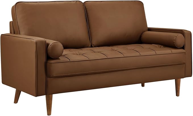 Modway Valour 62 Inch Faux Leather Loveseat in Brown – Wide Faux Leather Loveseat Sofa with Wood Legs - Small 2-Seater Sofa with Tufted Seat for Living Room or Office