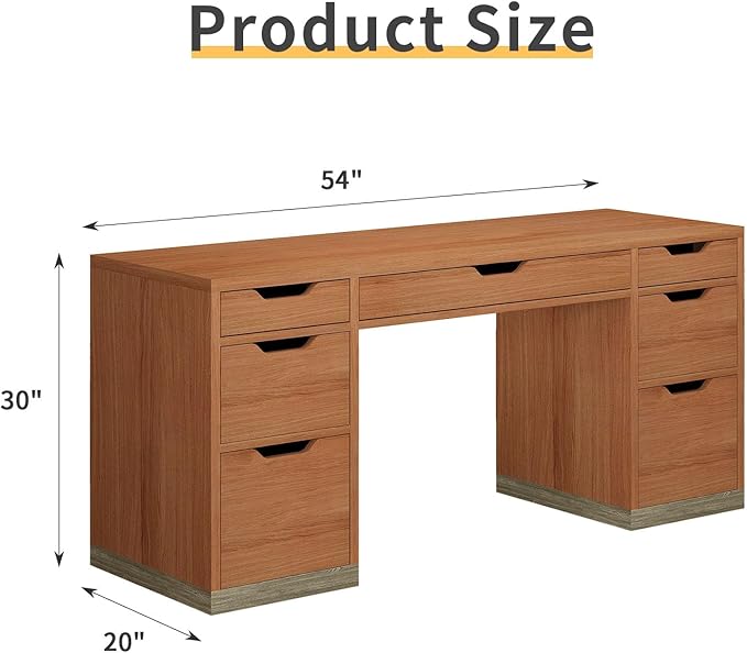 54 Inch Executive Desk with Drawers Computer Desk with 7 Drawers for Bedroom Office Desk with File Cabinet for Work Study Writing Small Spaces Brown