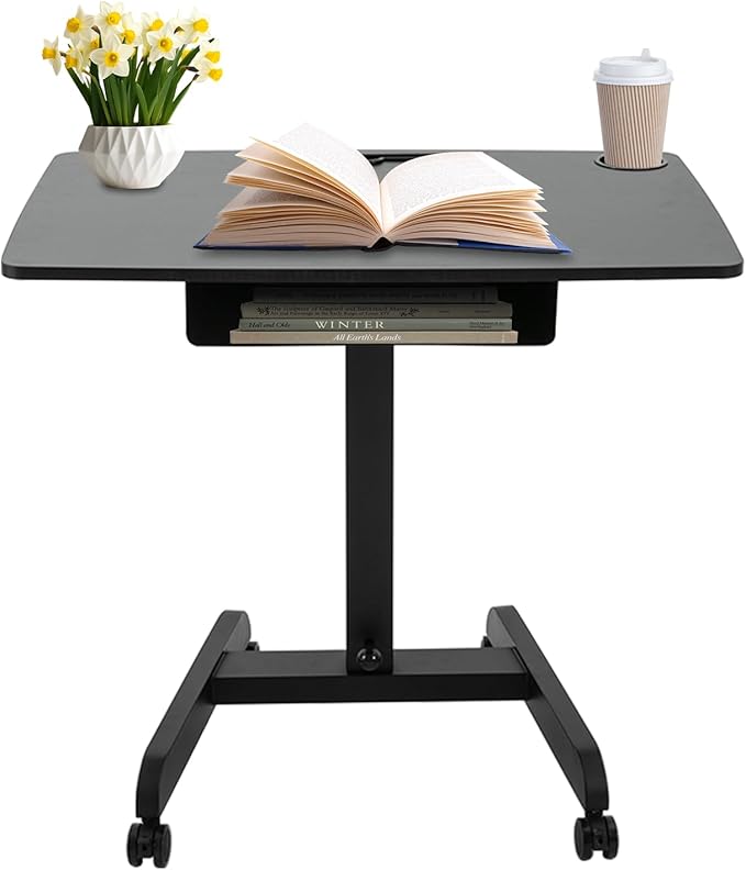 Mobile Standing Desk 44 Height Adjustable Foot Pedal Rolling Desk Portable Pneumatic Laptop Standing Workstation Cart with Storage Box and Wheels for Home Office Craft &amp Study Black