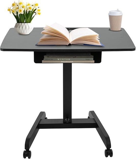 Mobile Standing Desk 44 Height Adjustable Foot Pedal Rolling Desk Portable Pneumatic Laptop Standing Workstation Cart with Storage Box and Wheels for Home Office Craft &amp Study Black