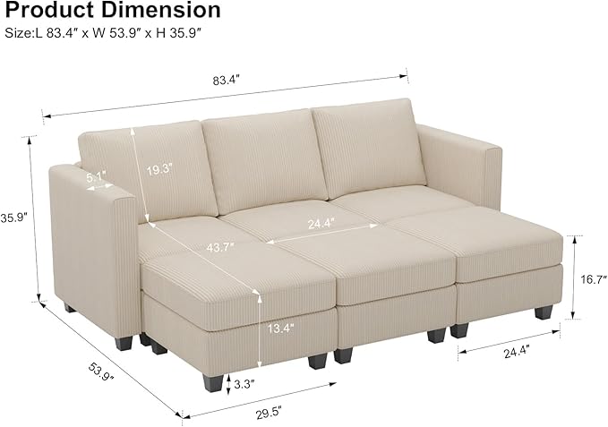 Belffin Corduroy Sectional Sleeper Sofa with Storage Ottoman Modular Luxury Sectional Sofa with Chaise Convertible Modern Sectional for Living Room Beige