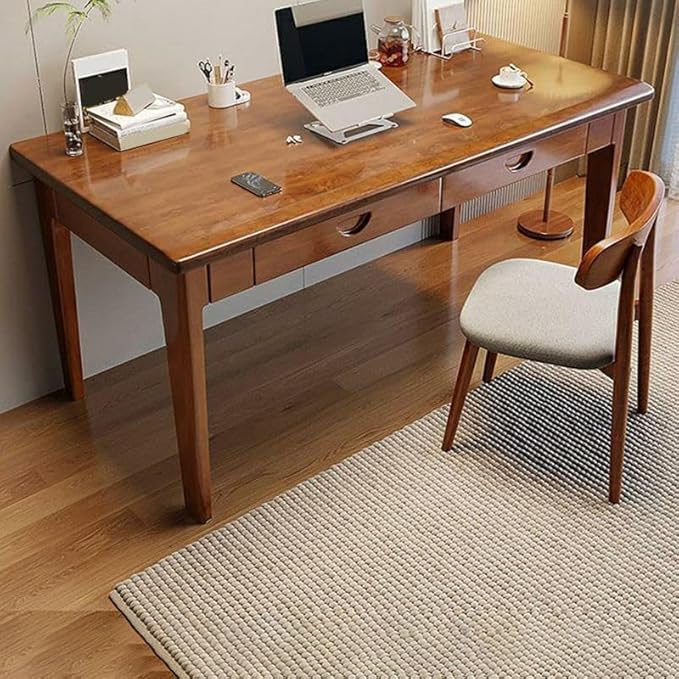 RUNNUP Modern Wood Writing Desk with 2 Drawers 55 Home Office Desk Simple Study Desk for Small Spaces Without Chairs Nut-Brown