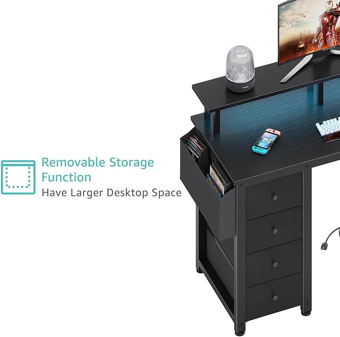 Lufeiya Black L Shaped Desk with Led Lights and Power Outlets 47 Inch Writing Study Computer Gaming Desks with Fabric Drawers for Bedroom Home Office Corner Desk with Monitor Stand Shelves Black
