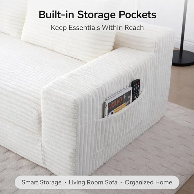 73INCH 2 in 1 Convertible Folding Couch Bed Corduroy Sleeper Sofa with Pull-Out Bed No Assembly Floor Sofa for Living Room Apartment &amp Small Spaces (Beige)