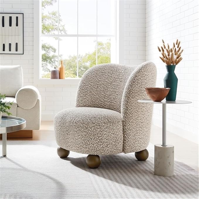 Pemberly Row Boucle Upholstered Accent Chair Coral Fabric Walnut Wood Feet Dense Foam Padding Sinuous Spring Support Low-Profile Barrel Design Mid-Century Style for Living Room or Bedroom