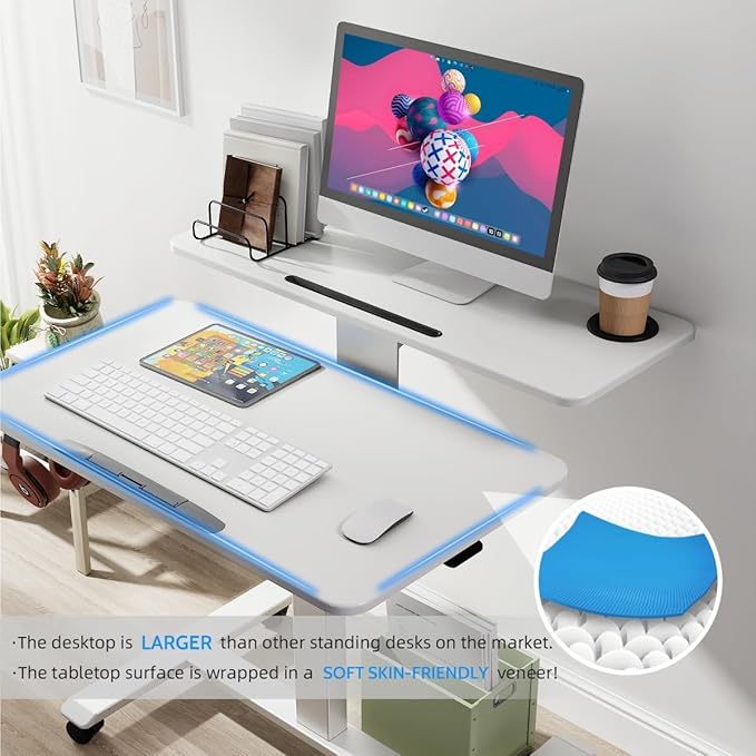 Pneumatic Standing Desk with Wheels - Adjustable Height 28 - 46 &amp 0-90° Tilt 31.5 x 17.7 Skin-Feel Desktop Rolling Computer Desk for Home Office Hospital School (White)