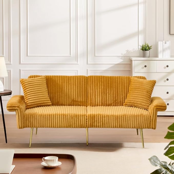 73 Convertible Futon Sofa BedComfy Teddy Fabric Sleeper Couch with 3 Reclining BackrestsGolden Chrome LegsModern Cloud Sofa Loveseat for Small Living Room Office (Yellow-Corduroy)