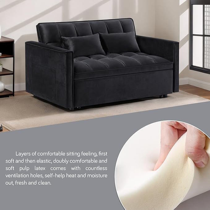 3 In 1 Velvet Convertible Sofa Bed Pull Out Couch Bed with Reclining Backrest And 2 Pillows 54 Full Size Loveseat Sleeper Sofa Futon Couch Beds Couches For Small Spaces Living Room (Black)