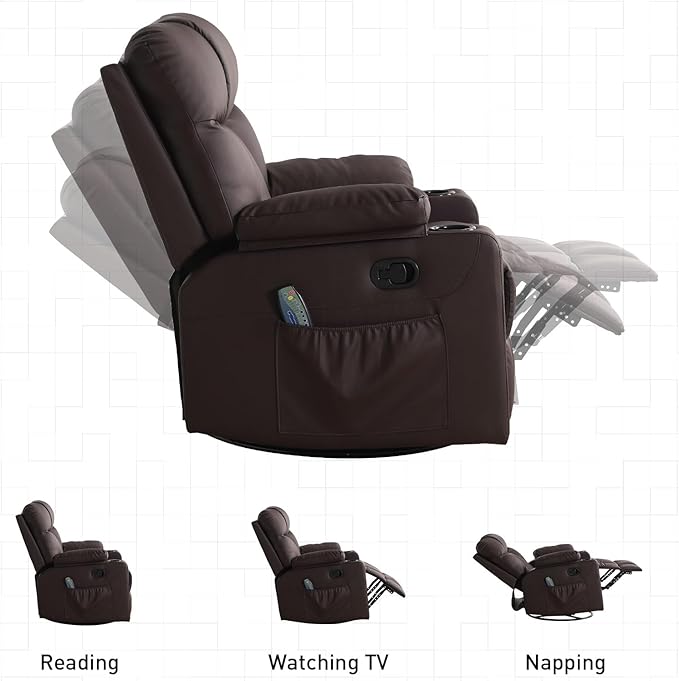 Bonzy Home Swivel Rocker Recliner with Heating and Massage 40 Manual Rocker Recliner Chair PU Leather Single Sofa with 2 Cup Holders for Living Room Bedroom Brown