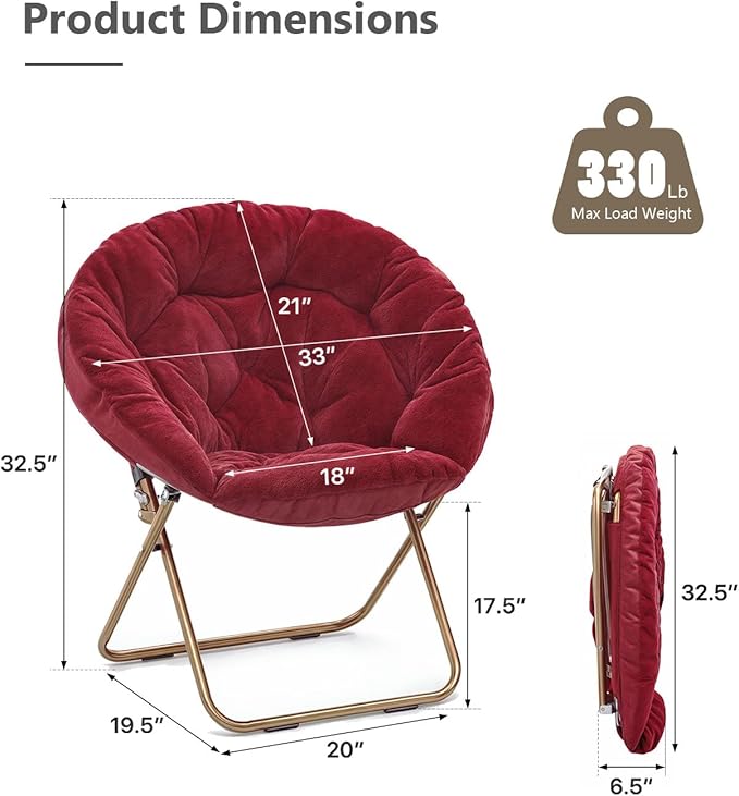 Cozy Saucer Chair Living Room Chair Faux Fur Soft Thick Padded Seat Metal Frame Folding Chair Comfortable Moon Chair for Living Room Bedroom Reading Nook Modern Style 2 Pack Red