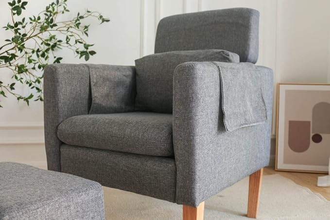 TAKUKA Modern Accent Chair with Ottoman SetComfy Fabric Armchair with Footrest Upholstered Chair with Side Pocket Soft Reading Lounge Chair for Living RoomBedroomOffice(Dark Grey)