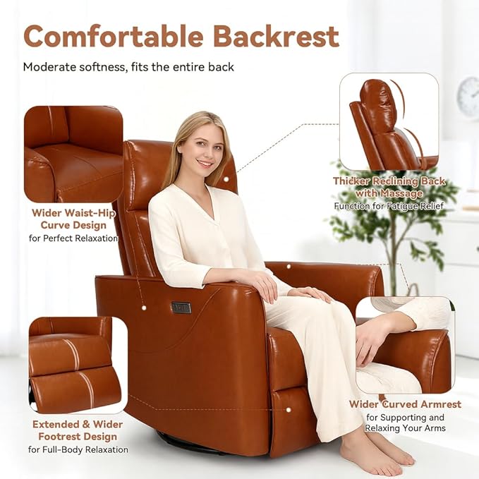 Himimi Power Recliner Chair Swivel Recliner Chair for Adults Faux Leather Single Sofa with Massage and Heat Small Space Side Pocket USB Charging Living Room Orange-Brown