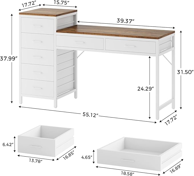 Computer Desk with Reversible Drawer 55 inch Home Office Desks with 7 Drawers Modern Compact Study Writing Table Workstation with Storage for Small Spaces Light Brown and White