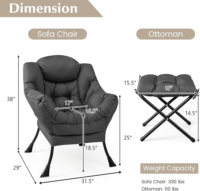 GORELAX Lazy Chair with Ottoman Modern Accent Chair w/Armrests &amp Side Pocket Upholstered Lounge Sofa Chair &amp Folding Footstool Set Reading Chair for Bedroom Living Room Dorm Room (Grey)