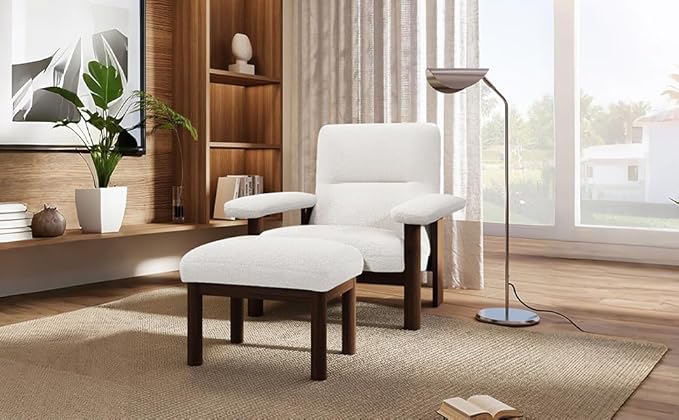 Modern Accent Chair with Ottoman Mid Century Lounge Chair with footrest Comfy Fabric Armchair Upholstered Set with Solid Wood e for Living Room