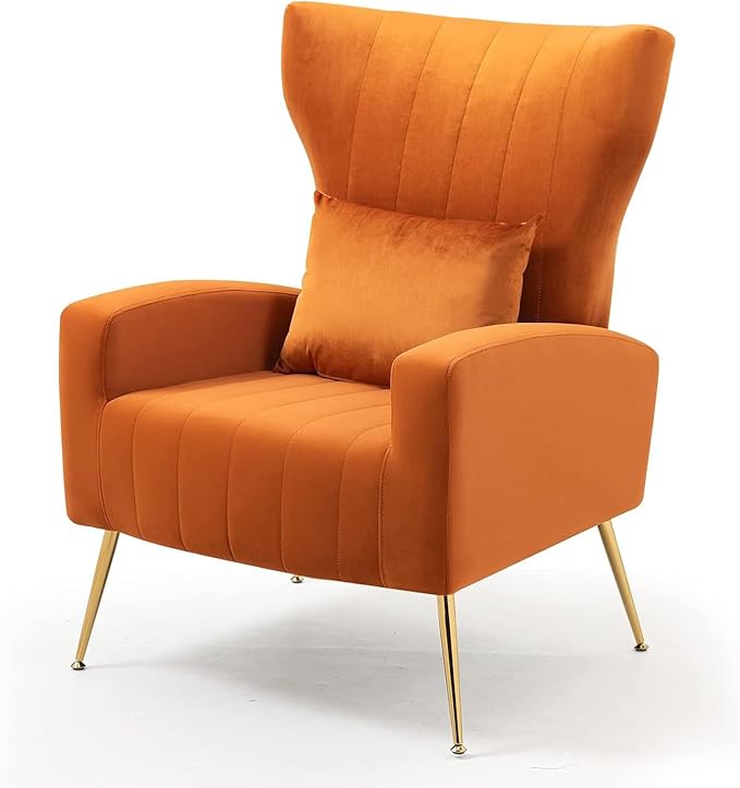 Modern Accent Chairs Set of 2 Wingback Chair with Arm &amp Gold Legs Living Room Bedroom Side Chair with Lumbar Pillow Velvet Upholstered Channel Tufted Orange
