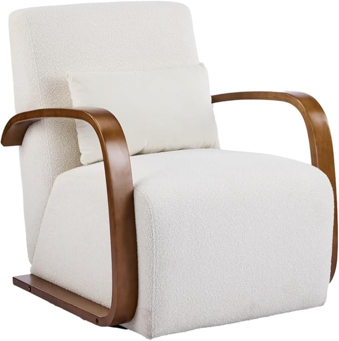 Upholstered 360° Swivel Accent Chair – Solid Wood Curved Arms Mid-Century Modern Design Ergonomic Comfort for Living Room Bedroom Reading Nook Small Single Sofa(Beige)