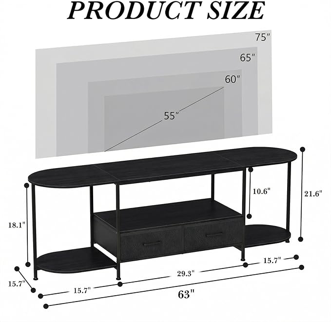 63 TV Stand for TVs up to 75 Inches Curved Edge Media Console &amp Entertainment Center with 2 Fabric Drawers Modern TV Console Table for Living Room or Bedroom Black