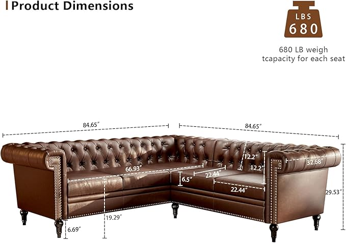 Faux Leather Sectional Sofa Couch for Living Room L Shaped Reversible Modern Chesterfield Sofa with Rolled Arms and Nailhead 5 Seat Tufted Couch for Small or Large Space (Dark Brown)