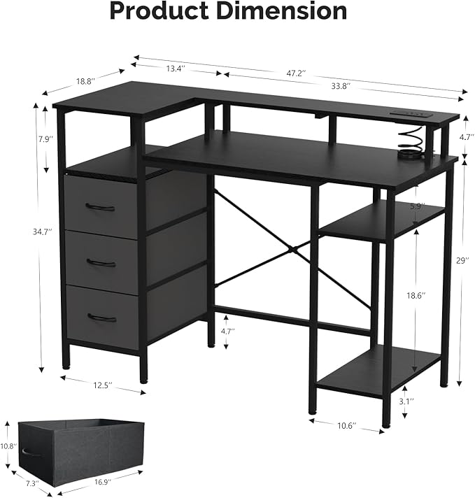 VINGLI 47 Inch L-Shaped Computer Desk Small Computer Gaming Desk with Fabric Drawers &amp Storage Shelves Charging Station Monitor Stand for Home Office Black