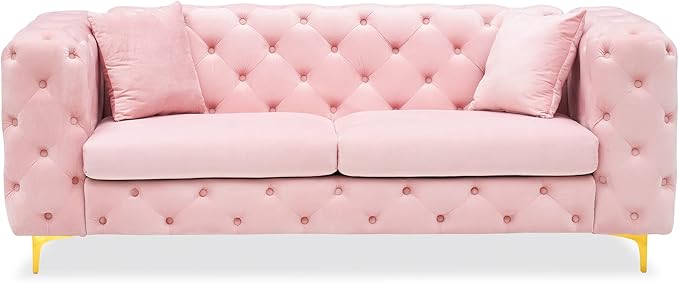 75 Sofa Couch Mid Century Modern Velvet Couch Tufted Button Sofa High Armrest &amp Metal Gold Legs Luxury Chesterfield Decor with 2 Piilows Comfy Loveseat for Living Room Pink
