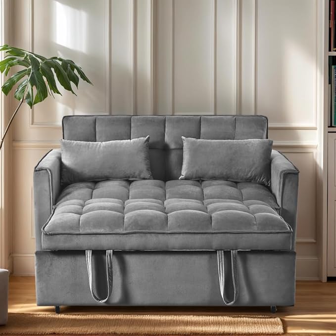 Modern Velvet Sofa Bed with 3-Level Adjustable Backrest &amp Included Pillows Pull Out Convertible Sleeper Chair with High Density Foam for Small Spaces (Dark Gray)