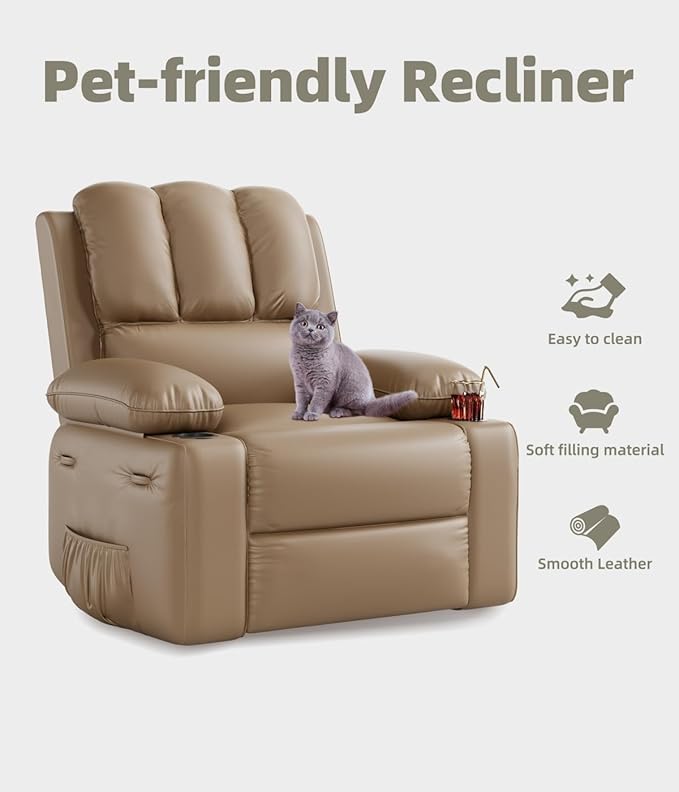 Power Recliner Chair for Adults with Massage and Heat Swivel Oversized Leather Recliner Chair with USB Ports &amp Side Pockets for Living Room (22 Medium-Seat WidthTan)
