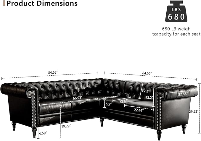 Faux Leather Sectional Sofa for Living Room Modern Chesterfield Reversible L Shaped Couch with Rolled Arms and Nailhead 5 Seat Corner Sofa Couch for Small or Large Space (Black)