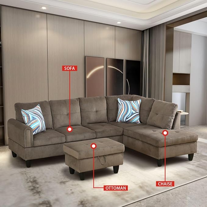 Brown L-Shaped 3-Piece Corduroy Sofa with Storage Ottoman Set Sectional Couch Sofa Set for Living Room Office Small Space