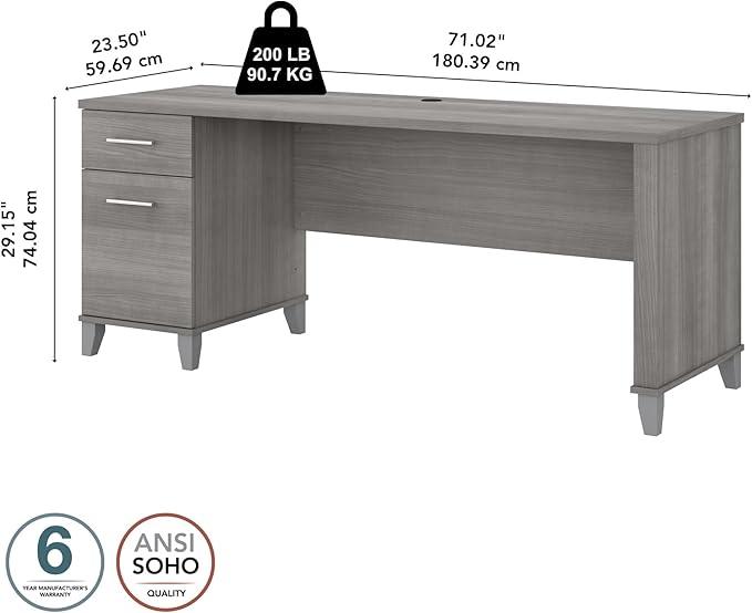Bush Home 72-inch Home Office Desk with Drawers Large Computer Table for Personal Workspace Somerset Collection Platinum Gray