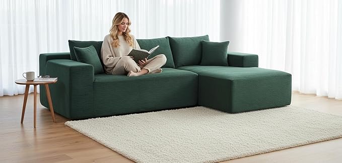 Ridge 2-Piece Convertible Corduroy L-Shaped Sofa in a Box with Pillows 3-Seater Modular Sectional Couch Compressed Living Room Furniture Dark Green (Right Facing)