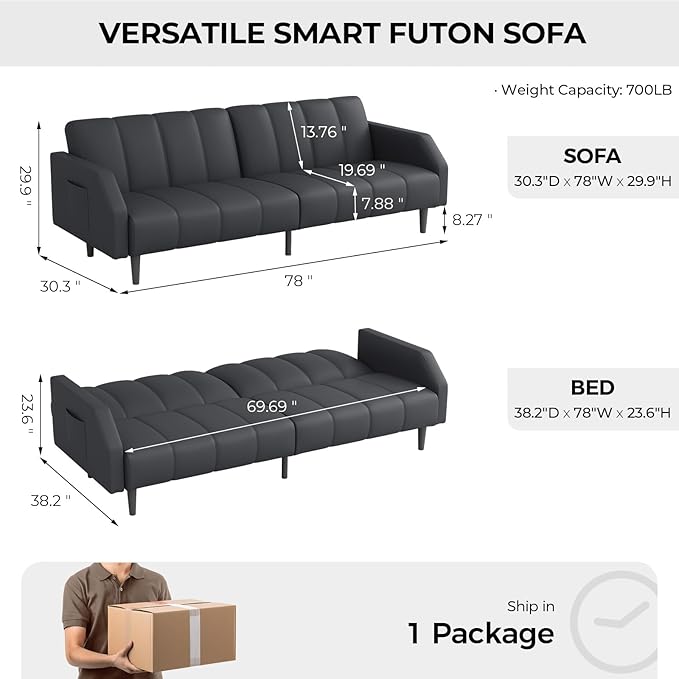 Faux Leather Sofa Bed 78“ Futon Sofa Bed Adjustable Futon Set Backrest Sleeper Sofa Couch Modern Decor Love Seat Couches Upholstered Couch for Living Room Bedroom Dark Gray