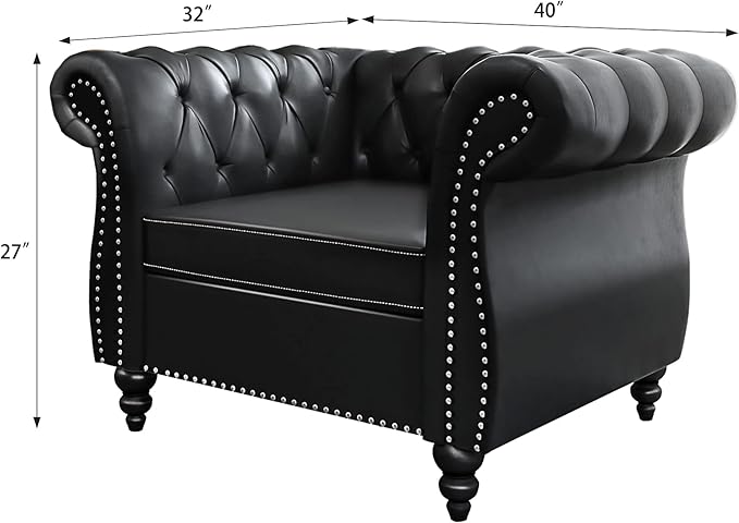RARZOE Contemporary PU Chesterfield ChairsChesterfield Faux Leather Club Chair Chesterfield Button Tufted Leather Accent Chair with Nailhead Trim Scrolled Arms for Living Room Bedroom Office Black