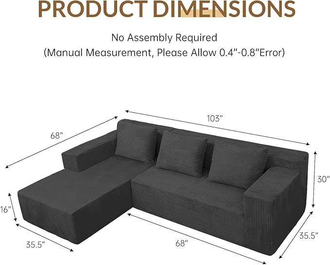 103” Modular Sectional Sofa L-Shaped Cloud Couch Boneless Comfy Corduroy Sofa with Deep Seat Modern Minimalist Upholstered Couches No Assembly Required for Living Room Bedroom Dark Grey | Friendly