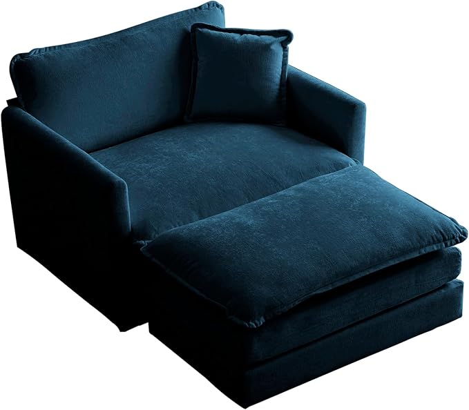 KIVENJAJA 41.4”W Oversized Sofa Chair with Ottoman Modern Chenille Deep Seat Single Couch Armchair Comfy Chaise Lounge Indoor with Pillow for Living Room Bedroom Apartment Blue