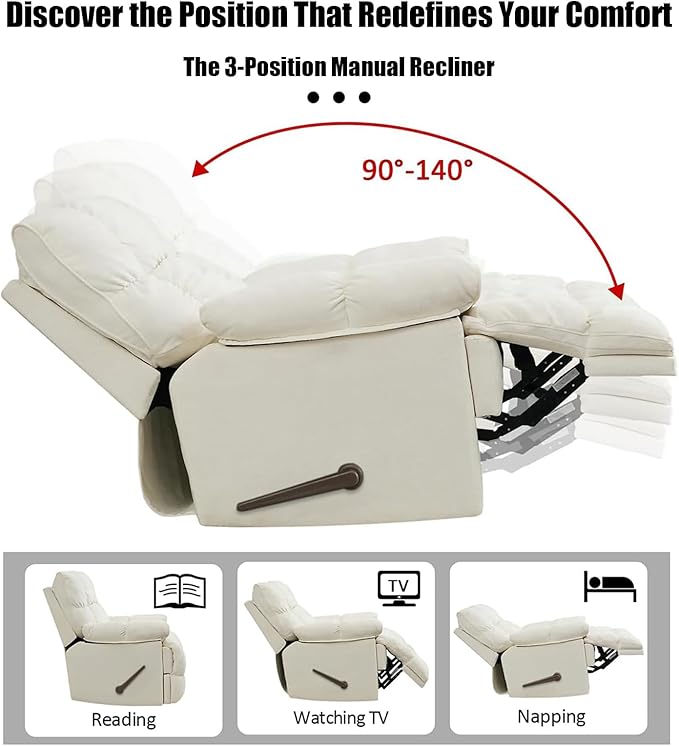 Oversized Rocker Recliner Chair for AdultsOverstuffed 360° Swivel Rocking Recliner Extra Wide Breathable Fabric Manual Reclining Single Sofa for Living Room (White)