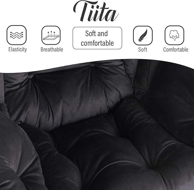 Tiita Lazy Chair with Ottoman Black Modern Large Accent Chair Comfy Leisure Sofa Armchair with Ottoman Reading Chair with Footrest for Bedroom Living Room Dorm Rooms Velvet Black