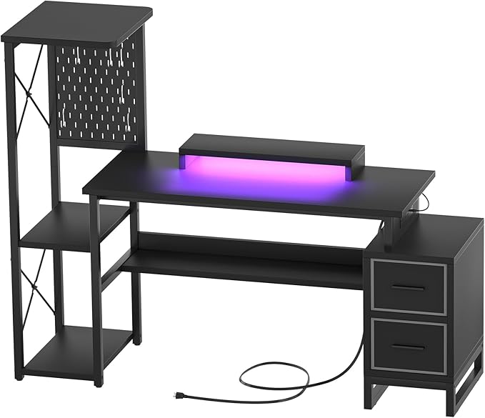 Computer Desk with 2 Fabric Drawers - Reversible Home Office Desk with Power Outlet &amp LED Lights 53 Writing Desk with Monitor Stand &amp Storage Shelves Gaming Desk Study Table with Pegboard