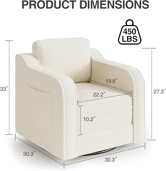 Swivel Accent Chairs for Living Room 30 Inches Modern Arm Chair Upholstered Armchair Single Sofa for Bedroom Apartment Reading Room White