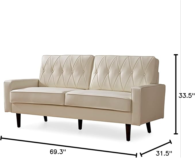 Container Furniture Modern Style Faux Leather Sofa with Elegant Round Tapered Legs and Button Tufted Backrest Perfect for Living Room Bedroom or Home Office 69.3’’ Wide White