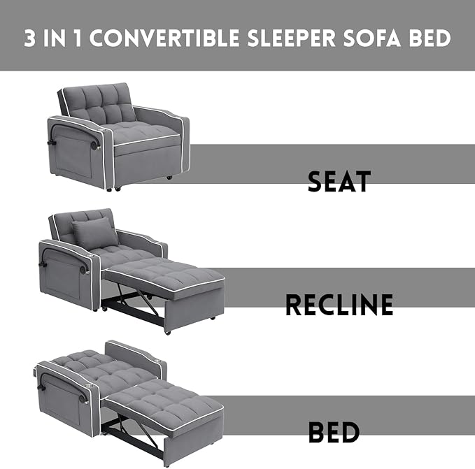 3 in 1 Sleeper Chair BedVelvet Convertible Sleeper SofaPull Out Bed Chair with USB Port &amp Ashtray and Swivel Phone Stand &amp Storage PocketsModern Sofa for Living Room