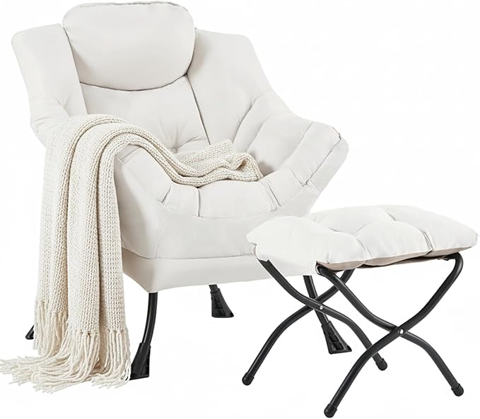 Cozy Lazy Chair and Ottoman Large Contemporary Peach Beige Accent Chair Set Leisure Upholstered Reading Armchair for Bedroom Living Room Dorm Rooms Office Balcony