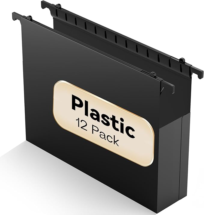 Plastic Extra Capacity Hanging File Folder Letter Size 12 Pack Reinforced Hang FoldersHeavy Duty 2 Inch ExpansionExpandable Hanging FoldersHanging Organizer Designed for Bulky Files (Black)