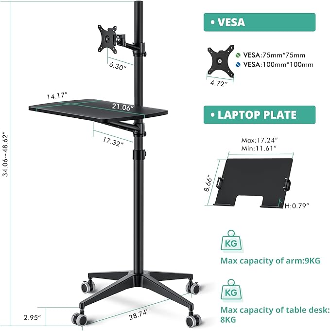 Viozon Mobile DeskMobile WorkstationMulitiuse Rolling Laptop Floor Stand34-48.6 Height AdjustableCompatible with 17-27 Monitor&amp12-17 Laptop21×14 DeskMaxload 17.6lbs4 Lockable Wheels