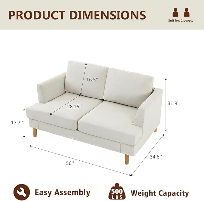 Loveseat Sofa 56 Small Couches for Small Spaces Mid Century Love Seat Couches for Living Room Upholstered 2-Seater Couch for Bedroom Apartment Beige