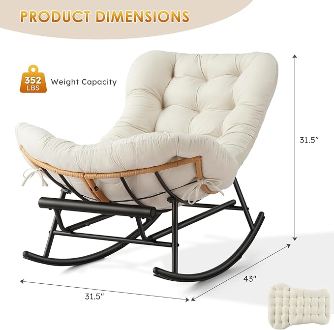 IDEALHOSUE Papasan Rocking Chair with Foot Rest Ergonomic Papasan Chair with Thick Soft Cushion Metal Frame &amp PE Rattan Lounge Chairs for Living Room Bedroom Relaxation Space