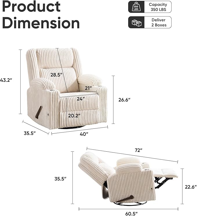 Oversized Manual Recliner Chair with Arm StorageSwivel Rocker Recliner Chair for Adults with Adjustable HeadrestNursery Glider Recliner with Phone Stand and Side Pockets for Living RoomBeige