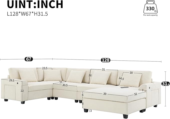 128*67 U Shaped Sectional Sofa 6 Seat Chenille Couch Set with Oversized Ottoman Hidden Armrest Storage and Cup Holders USB Charging Ports Wide Seat Sofa for Living Room Apartment Off White