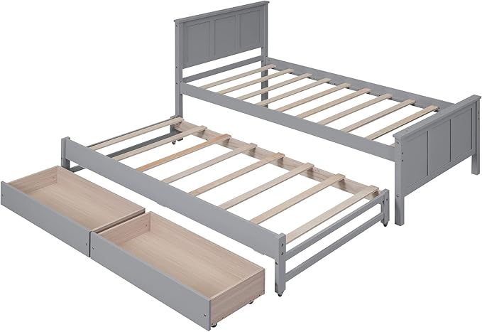Merax Classic Solid Wooden Bed Farme with Trundle Bed and Drawers Storage Sofa Bed for Living Room Bedroom Guest Room Space SavingGray