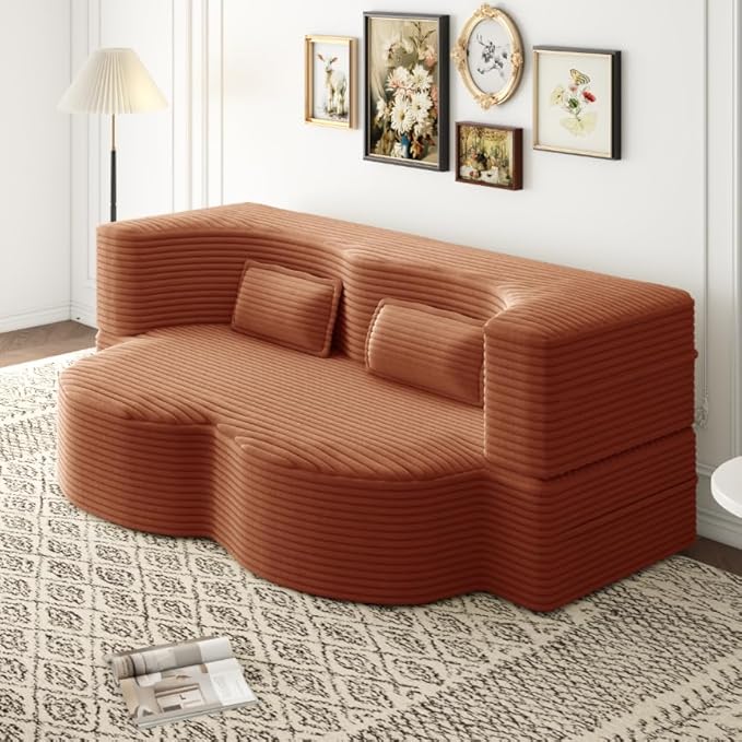 Convertible Sofa Bed Full Size｜78 Sleeper Couch with 2 Pillows｜Corduroy Fabric Folding Sofa Bed｜High-Density Foam｜No Assembly｜Space-Saving｜for Living Room Guest Room｜Orange